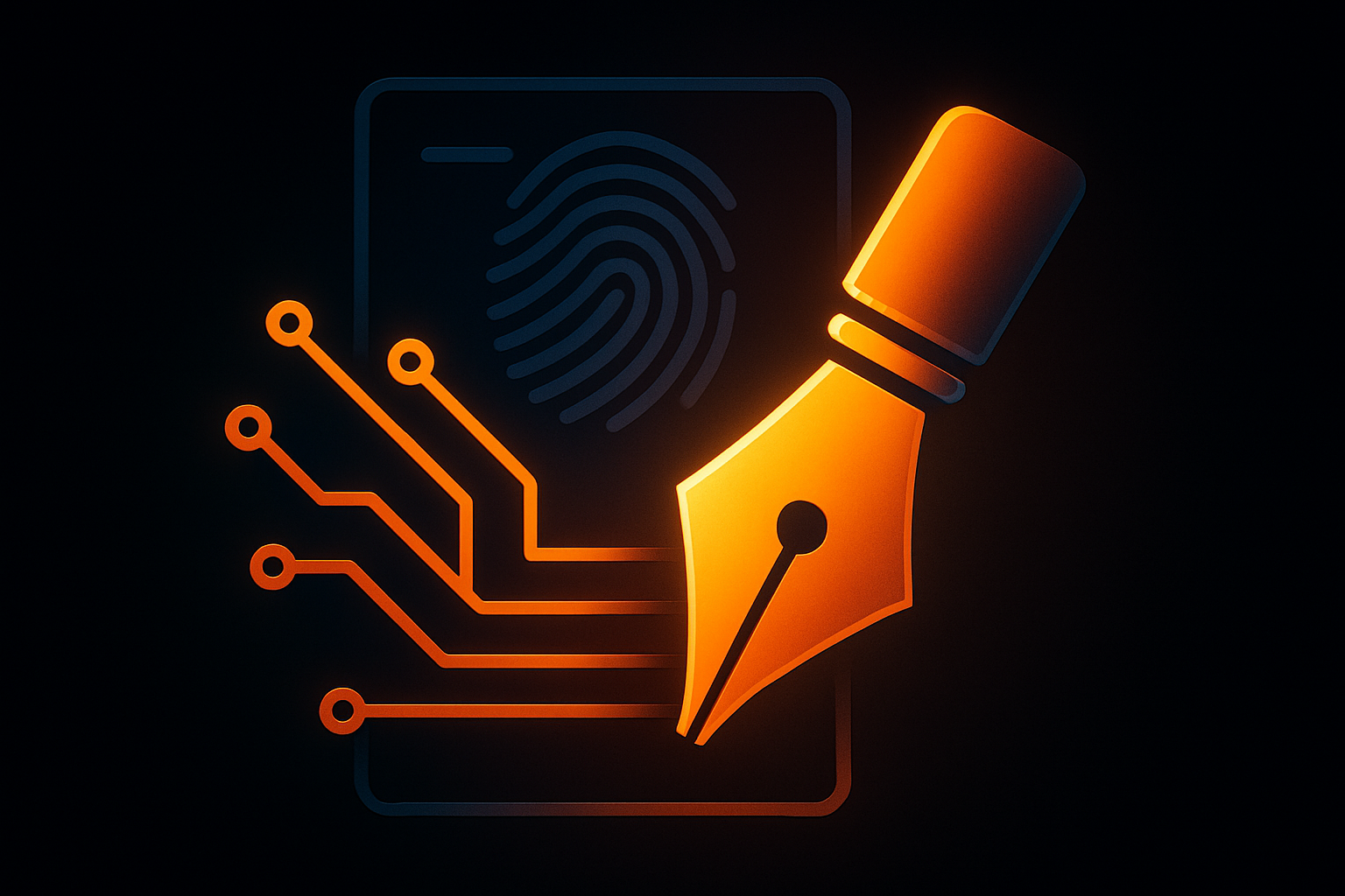 A stylized pen, fingerprint and circuit