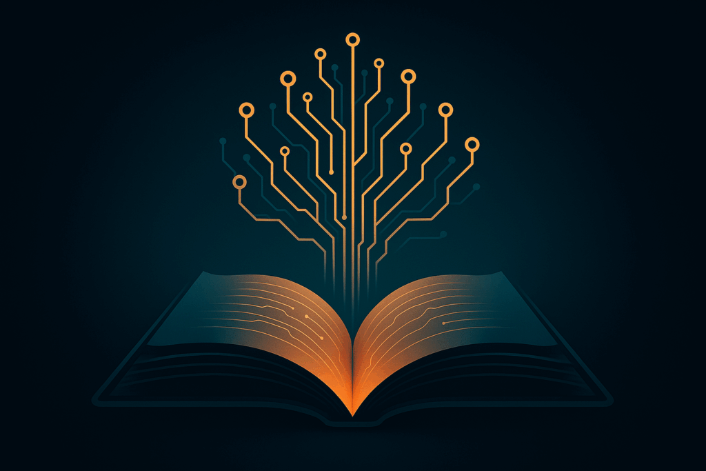 An open book with a stylized circuit design to illustrate AI breakthroughs in education.